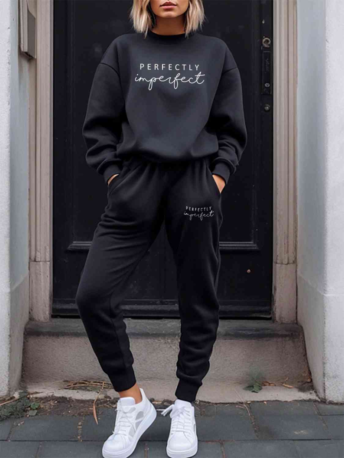 PERFECTLY IMPERFECT Graphic Sweatshirt and Sweatpants Set - 2 PCS. - T - 1 COLOR -