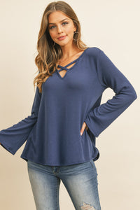 Thumbnail for Criss Cross Neck Long Sleeve Hacci Top - 5 COLORS -