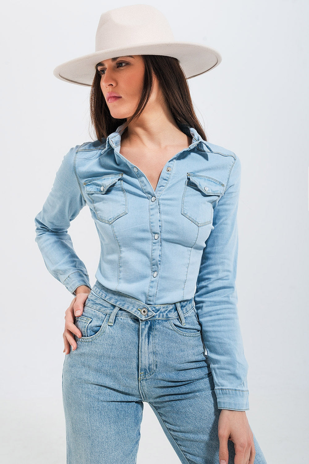 Q2 - Skinny Fit Western Denim Shirt in Light Wash Blue - 1 COLOR -