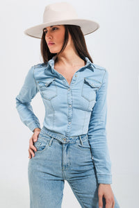 Thumbnail for Q2 - Skinny Fit Western Denim Shirt in Light Wash Blue - 1 COLOR -