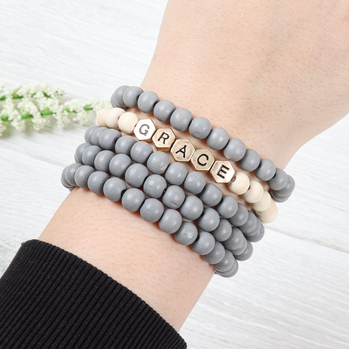 Riah Fashion - "Grace " Wood Beads Stackable Charm Bracelet - 5 COLORS -