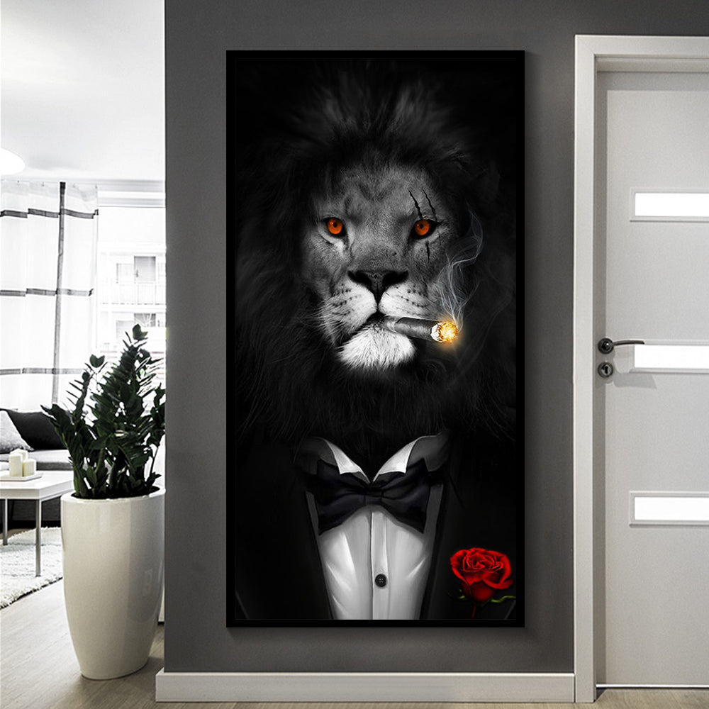 Gentry Black Lion Smoking a Cigar Canvas Paintings Wall Art- Lions in a Suit Canvas Art Posters  - [7-12 DAY DELIVERY] - 6 SIZES - 3 LIONS