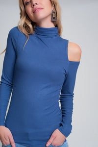 Thumbnail for Q2 - Blue Sweater With One Open Shoulder and High Neck - 1 COLOR -