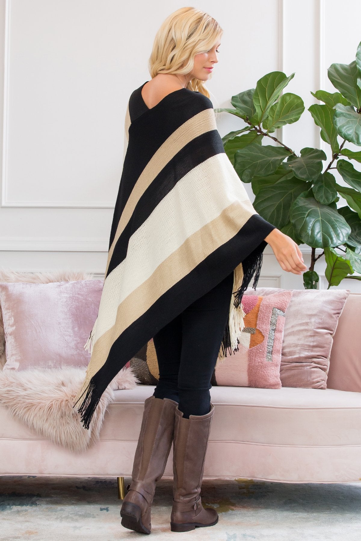 Riah Fashion - Beige Color Block Fringe Poncho - 1 COLOR -