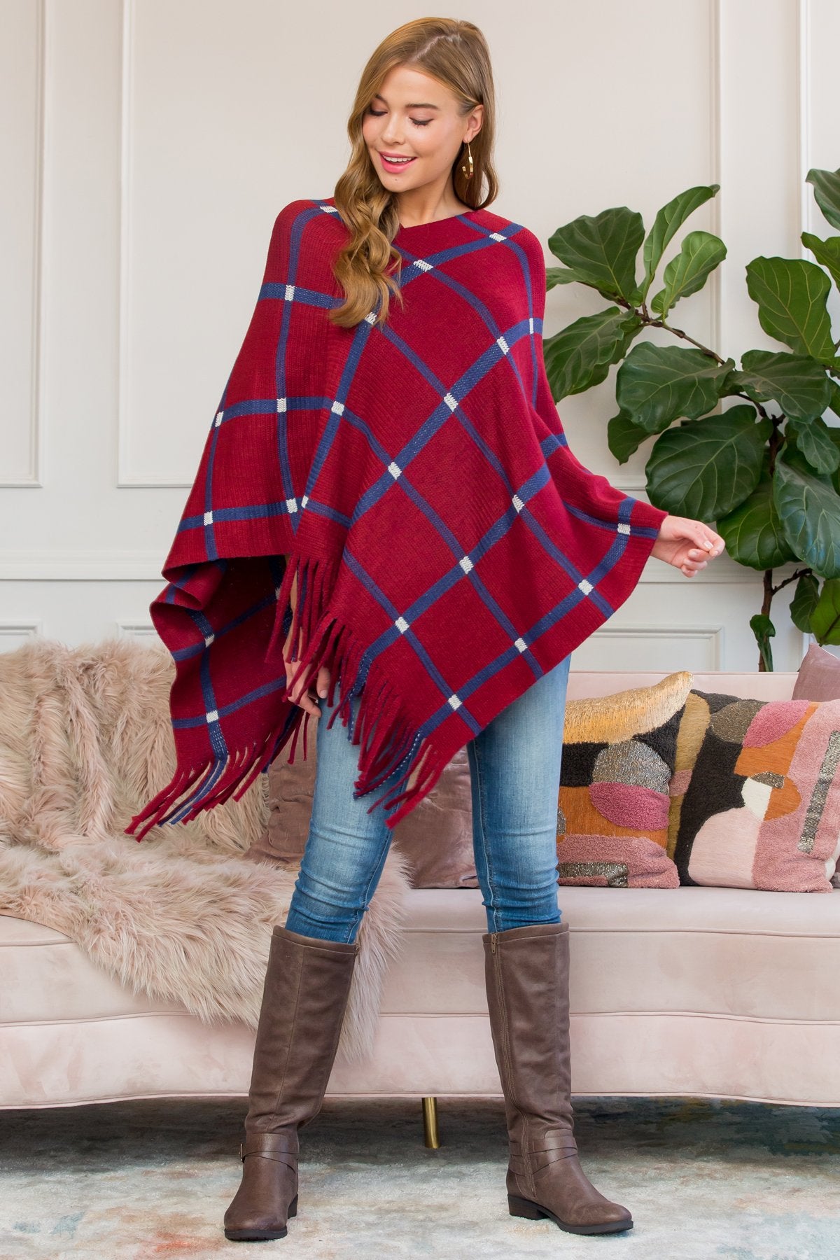 Riah Fashion - Burgundy Grid Lines Fringed Poncho - 1 COLOR -