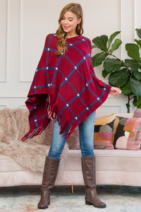 Thumbnail for Riah Fashion - Burgundy Grid Lines Fringed Poncho - 1 COLOR -