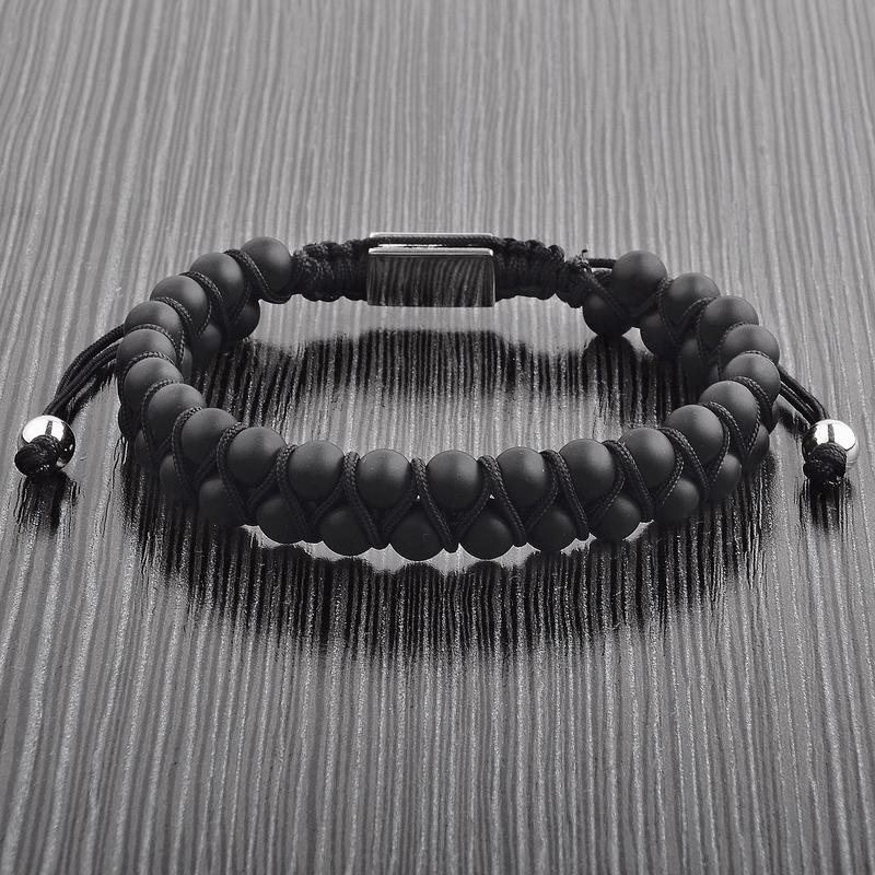 Crucible - Men's Matte Black Agate Stone Beaded Adjustable Bracelet -