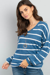 Thumbnail for Riah Fashion - Oversized Puff Sleeved V-Neck Striped Top - 4 COLORS -