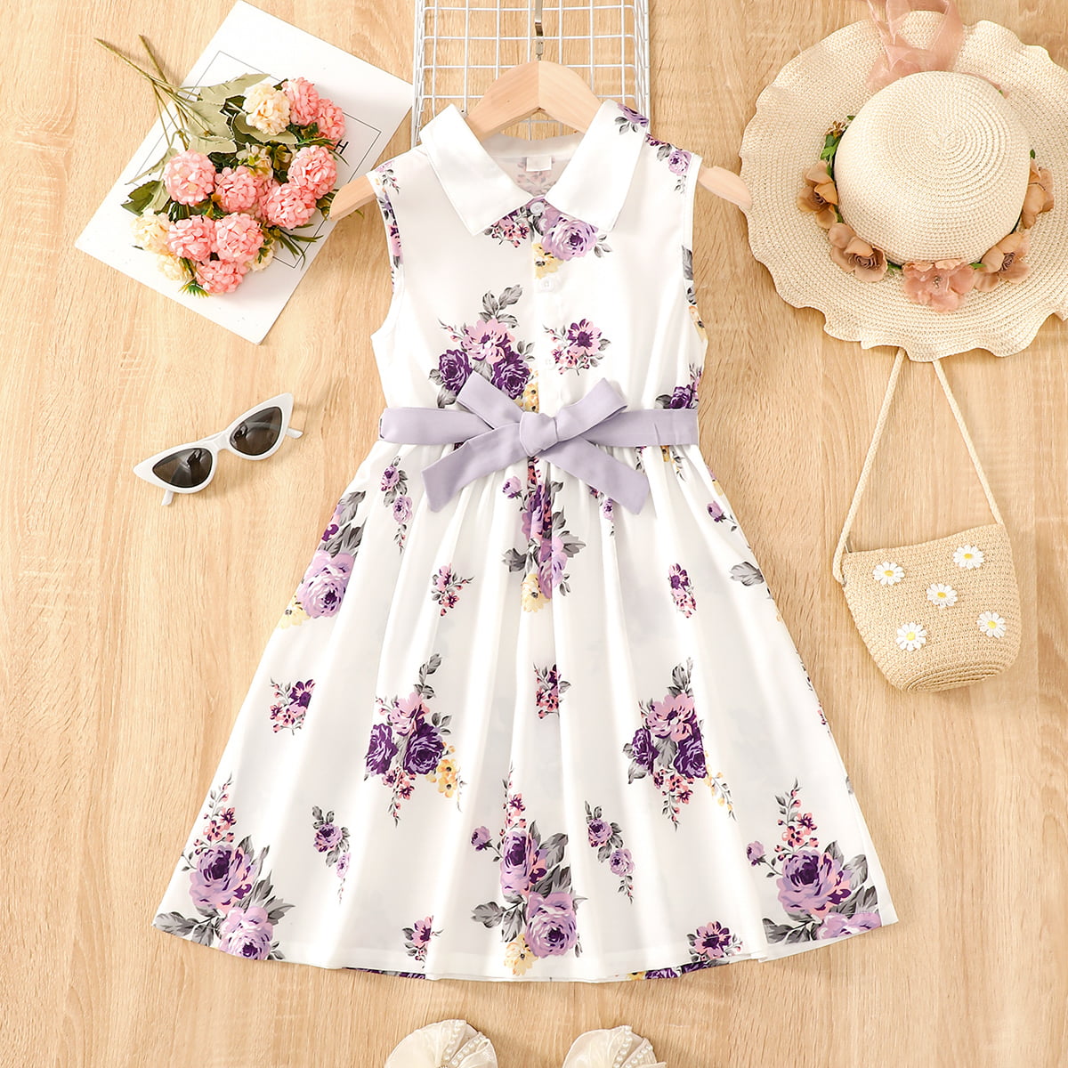 Floral Collared Neck Sleeveless Dress - T - 4 SIZES - 1 COLOR -