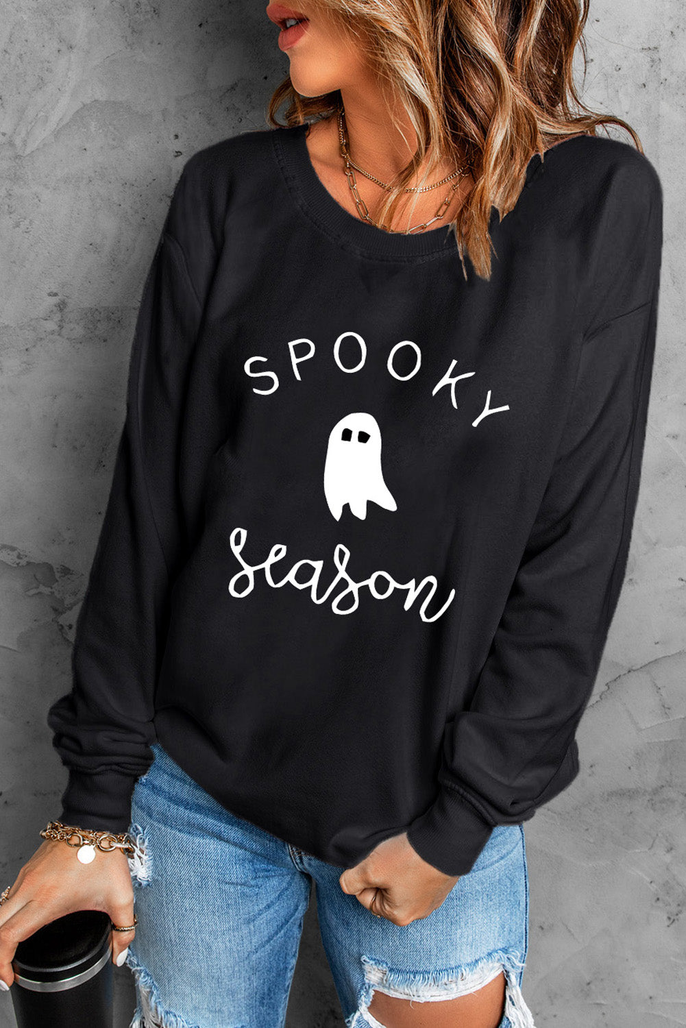 Round Neck Long Sleeve SPOOKY SEASON Graphic Sweatshirt - T - 1 COLOR -