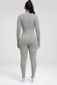 Thumbnail for Zip Up Ribbed Long Sleeve Skinny Active Jumpsuit - T - 2 COLORS -