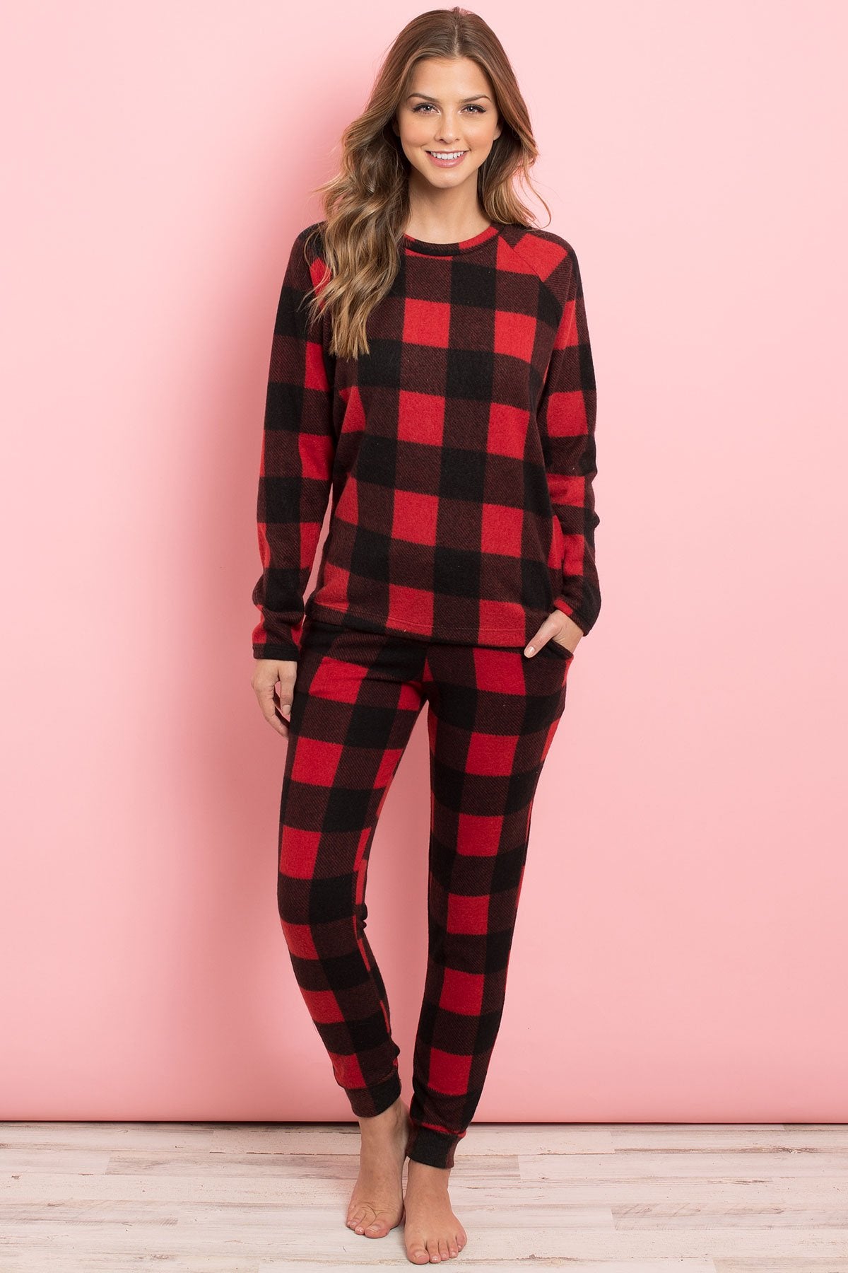 Riah Fashion - Brushed Plaid Top and Joggers Set With Self Tie - 2 PCS - 2 COLORS