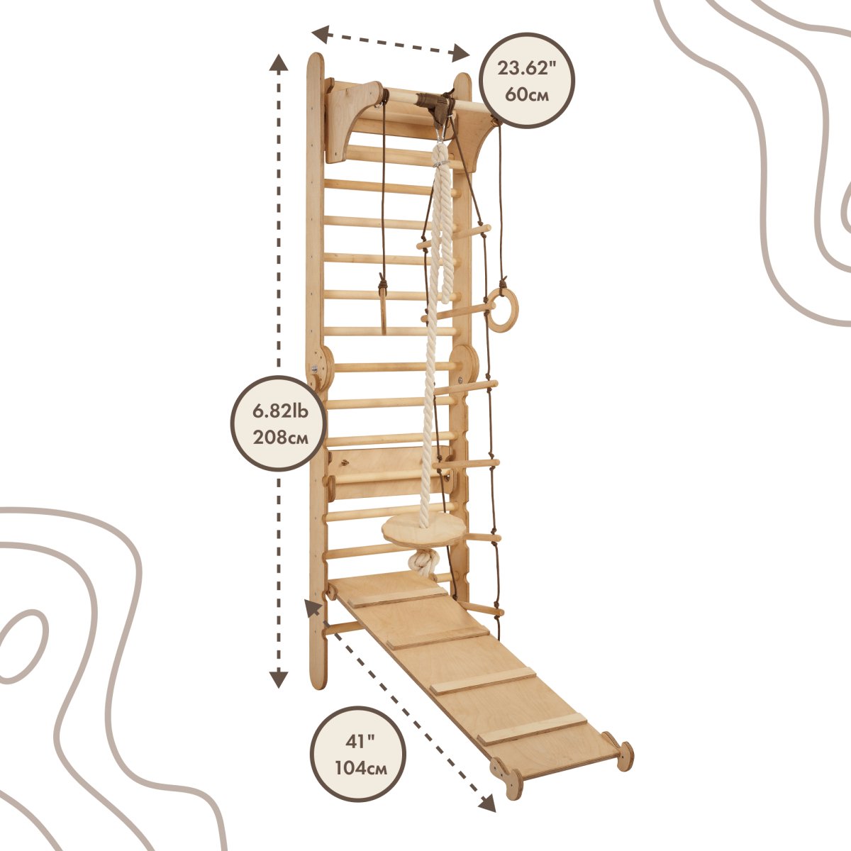 3in1: Wooden Swedish Wall / Climbing Ladder for Children + Swing Set + Slide Board