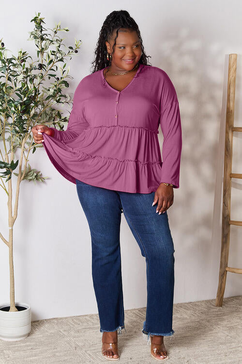 Double Take Half Button Long Sleeve Ruffle Hem Blouse - SIZES S THRU 3XL - T - 7 COLORS -