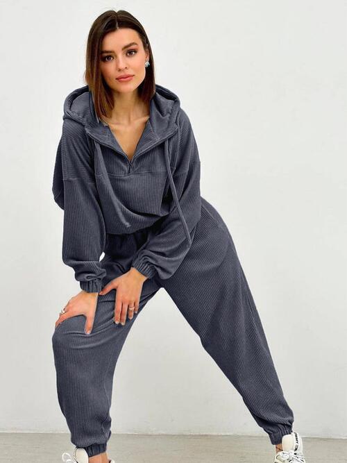 Half Zip Drawstring Hoodie and Pants Set - 2 PCS. - T - 5 COLORS -