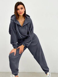 Thumbnail for Half Zip Drawstring Hoodie and Pants Set - 2 PCS. - T - 5 COLORS -