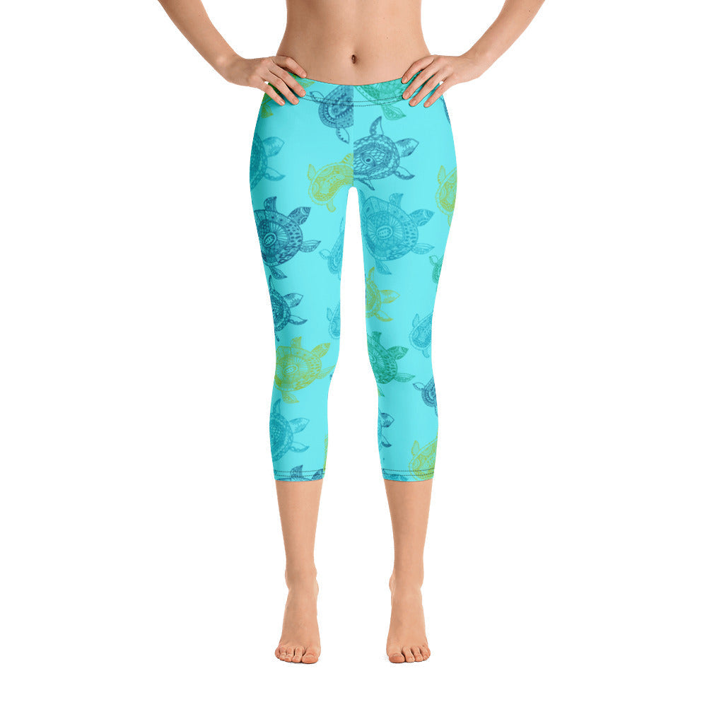 FYC - Women's All Day Comfort Light Blue Turtle Capri Leggings - 1 COLOR -