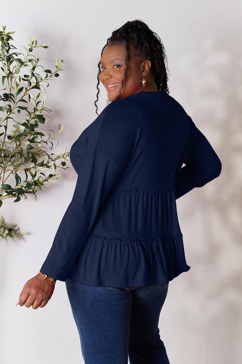 Double Take Half Button Long Sleeve Ruffle Hem Blouse - SIZES S THRU 3XL - T - 7 COLORS -