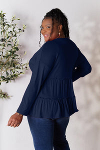 Thumbnail for Double Take Half Button Long Sleeve Ruffle Hem Blouse - SIZES S THRU 3XL - T - 7 COLORS -