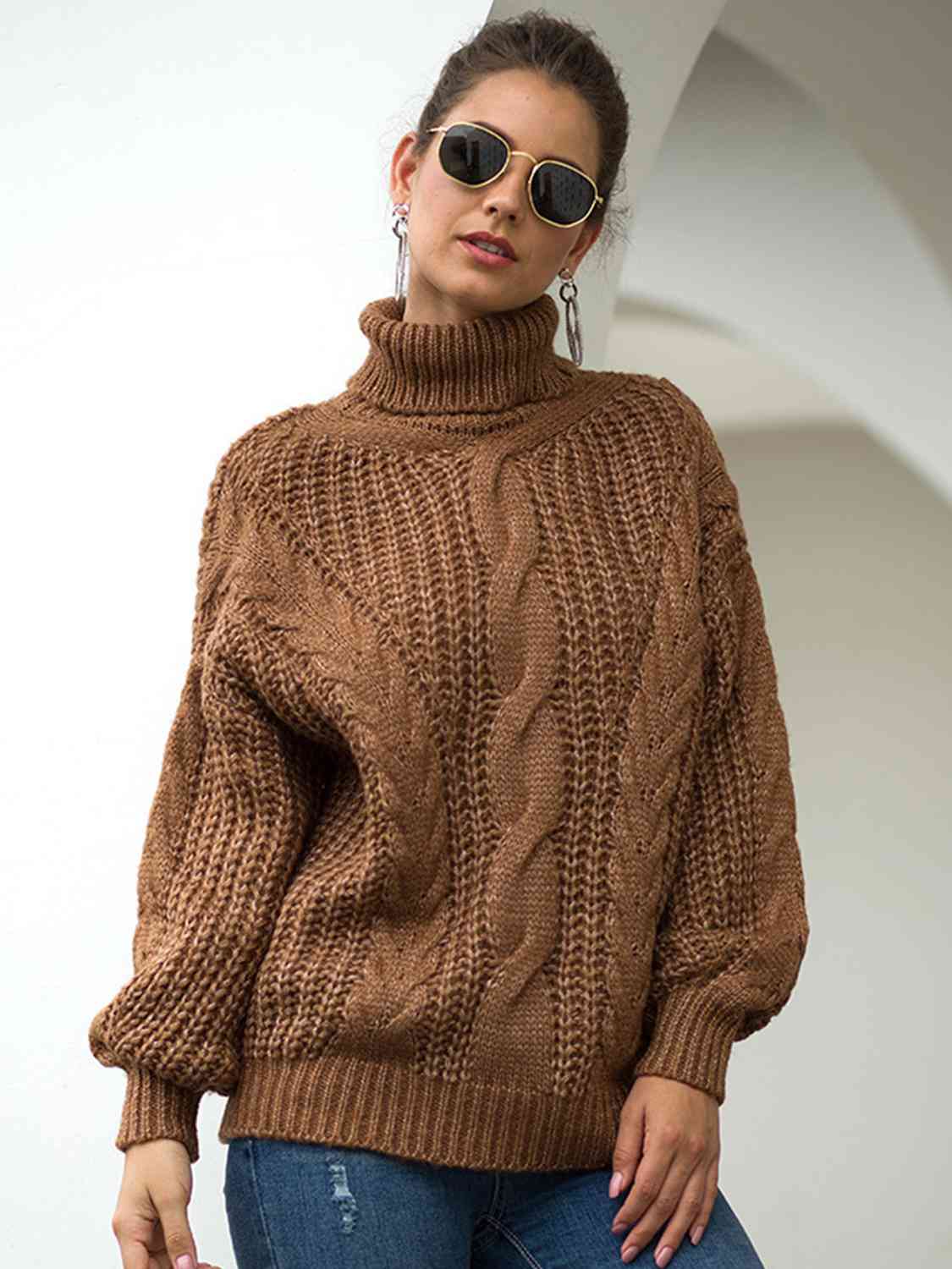 Turtleneck Cable-Knit Dropped Shoulder Sweater - T - 5 COLORS -