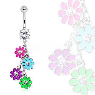 Navel Ring With Multi Color Daisy Dangle -