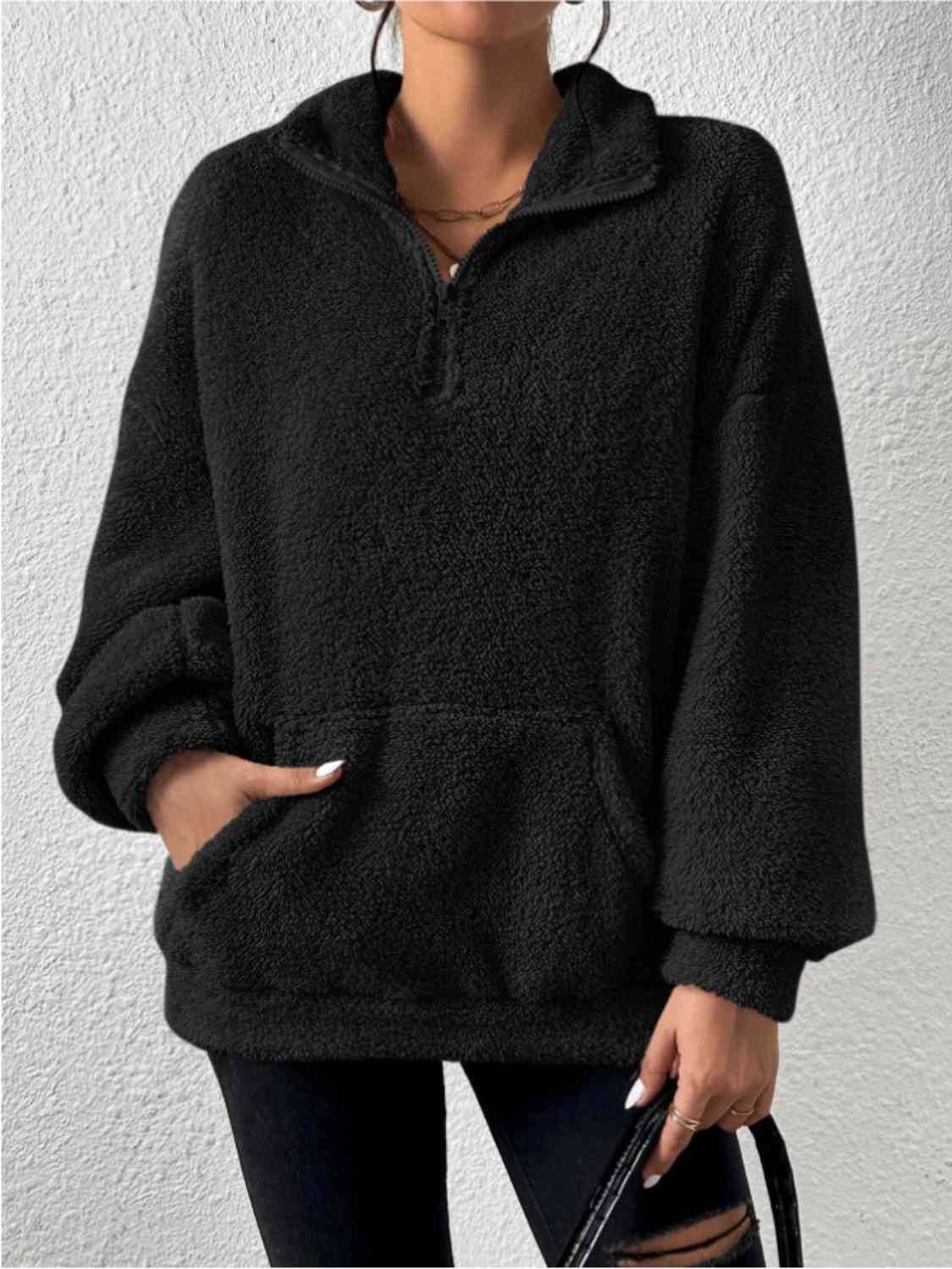 Half Zip Drop Shoulder Sweatshirt with Pocket - T - 3 COLORS -