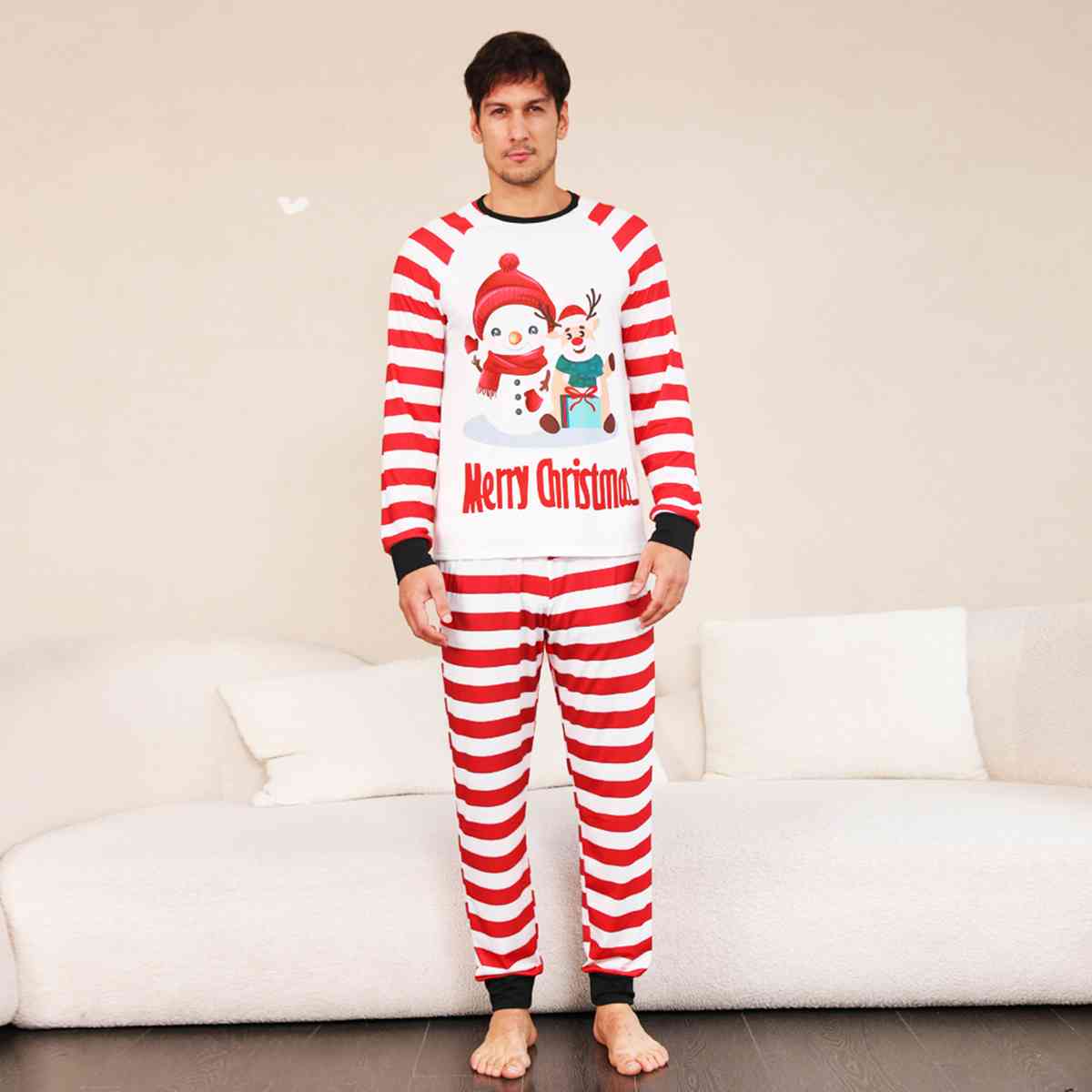 MEN MERRY CHRISTMAS Graphic Top and Striped Pants Set - T -