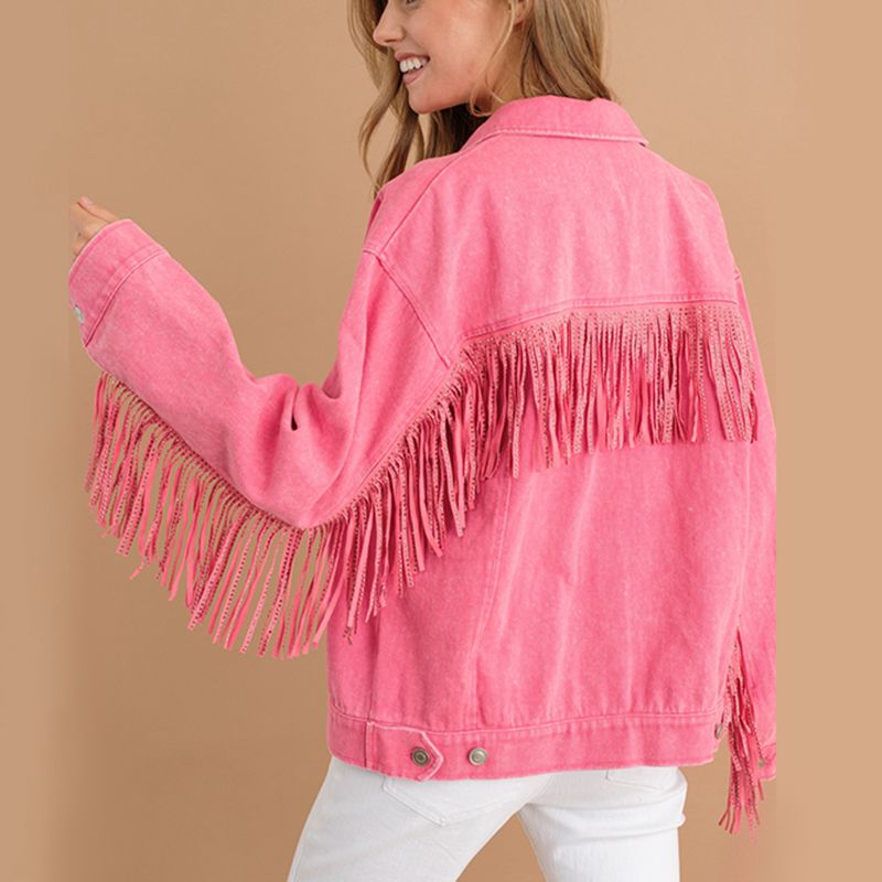 Fringe Detail Dropped Shoulder Denim Jacket - T - 3 COLORS -