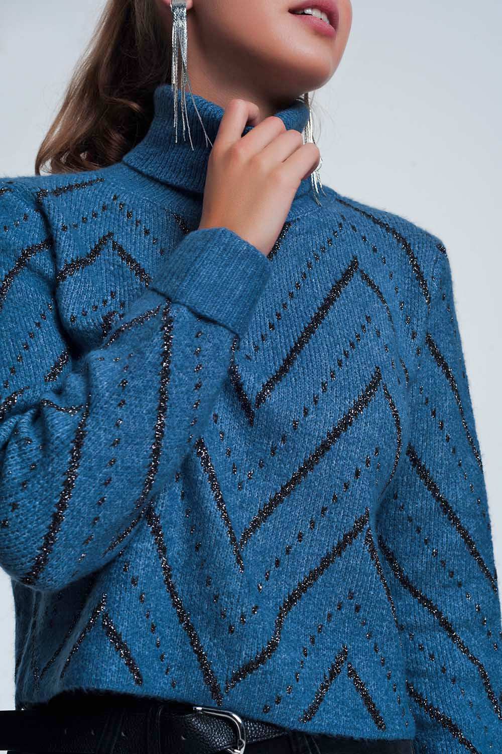 Q2 - Woven Blue Turtleneck Sweater - 1 COLOR -