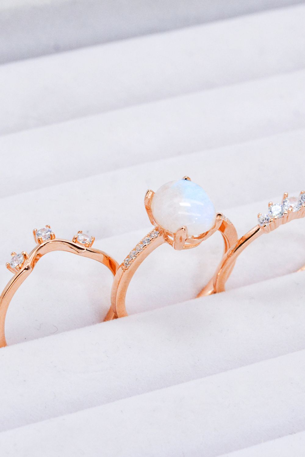 Natural Moonstone and Zircon Three-Piece Ring Set - T - SIZES 6 THRU 9 - 1 FINISH -