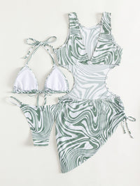 Thumbnail for Abstract Print Tie Back Three-Piece Swim Set - T - 3 PCS. - 1 COLOR -