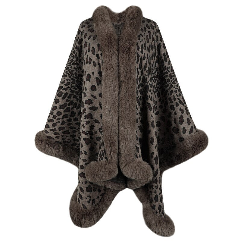 Sharon Tatem - Thick Warm Poncho Faux Fur Collar Cape Coat - Vintage Faux Leopard Sweater Cardigan - Batwing Sleeve Shawl -