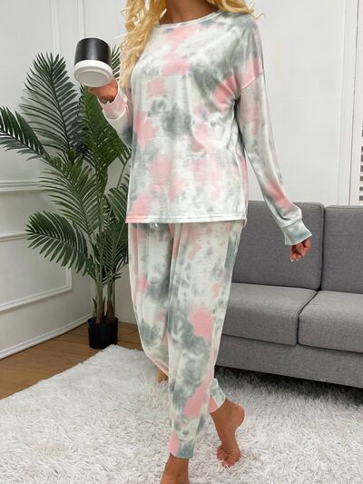 Tie-Dye Round Neck Top and Drawstring Pants Lounge Set - 2 PCS - T - 1 COLOR -