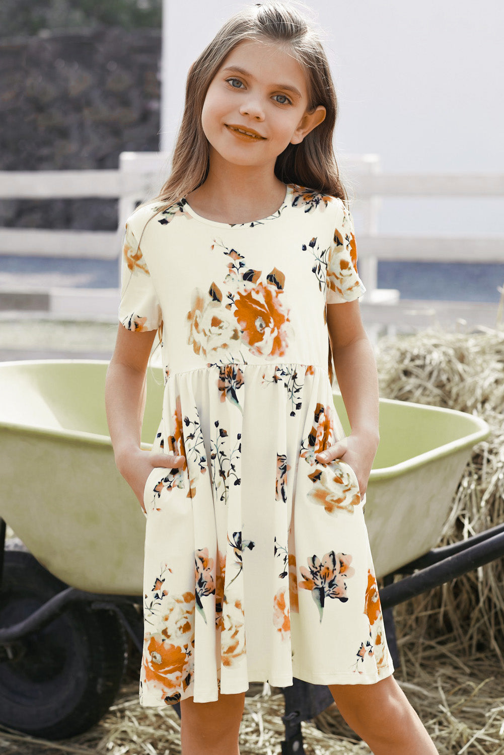 Girls Floral Short Sleeve Round Neck Dress - T - 5 SIZES - 1 COLOR -