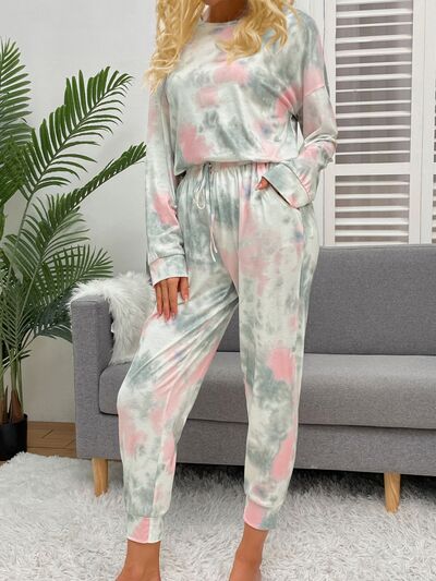 Tie-Dye Round Neck Top and Drawstring Pants Lounge Set - 2 PCS - T - 1 COLOR -