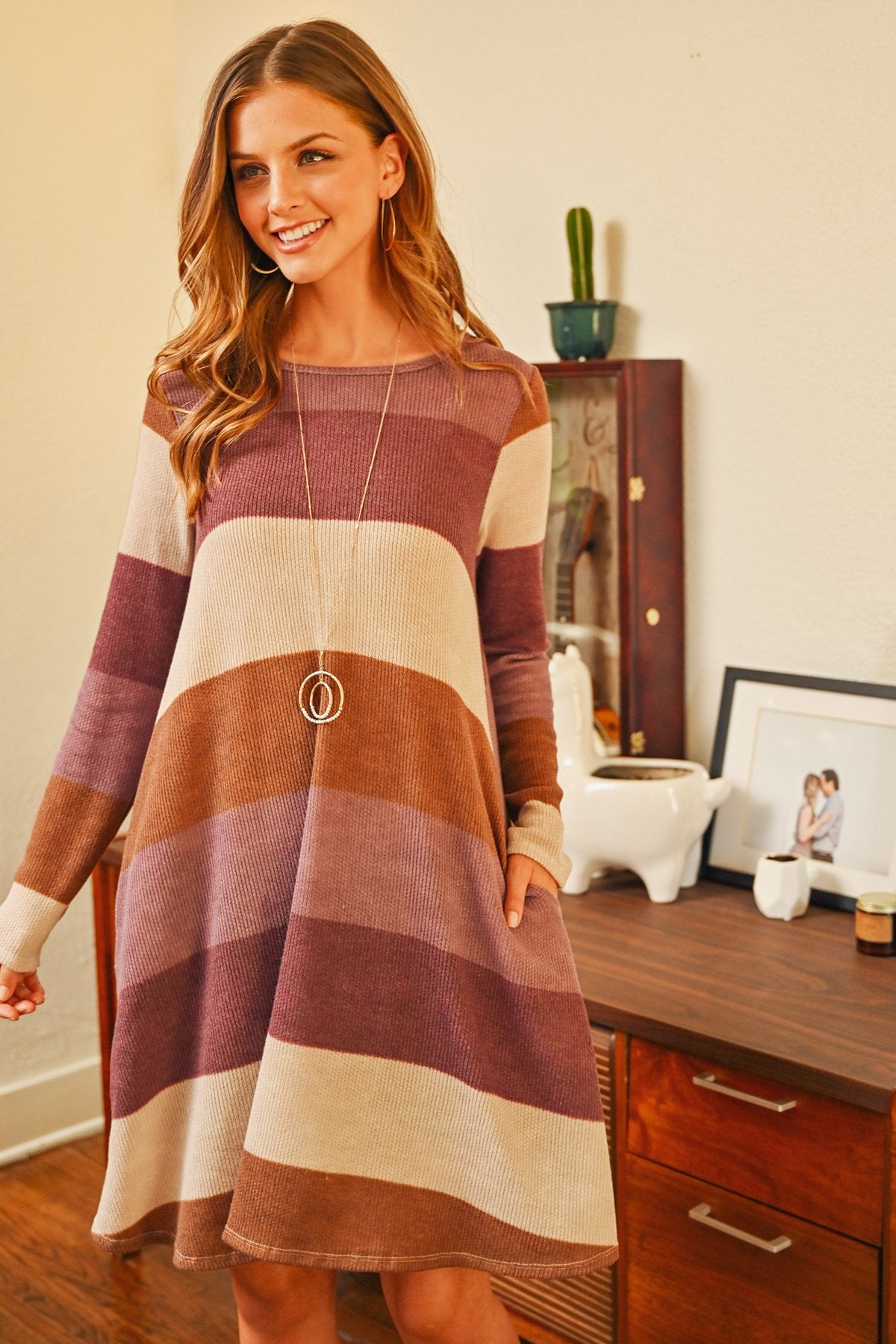 Riah Fashion - Long Sleeved Rib Stripe Pocket Dress - 3 COLORS -