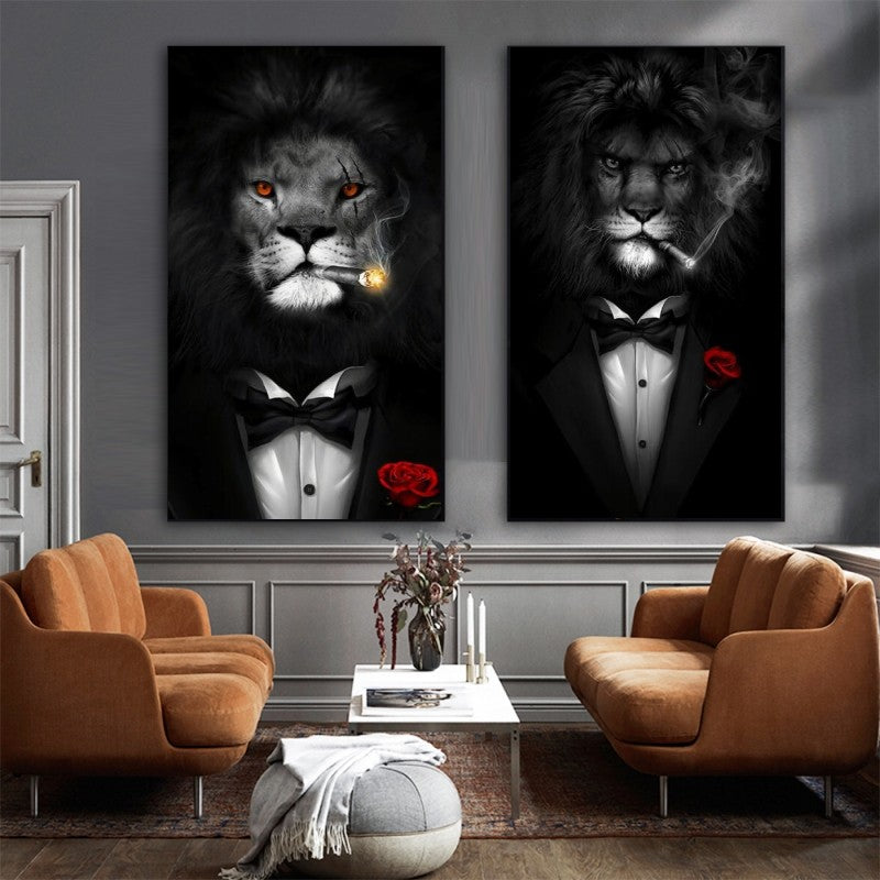 Gentry Black Lion Smoking a Cigar Canvas Paintings Wall Art- Lions in a Suit Canvas Art Posters  - [7-12 DAY DELIVERY] - 6 SIZES - 3 LIONS