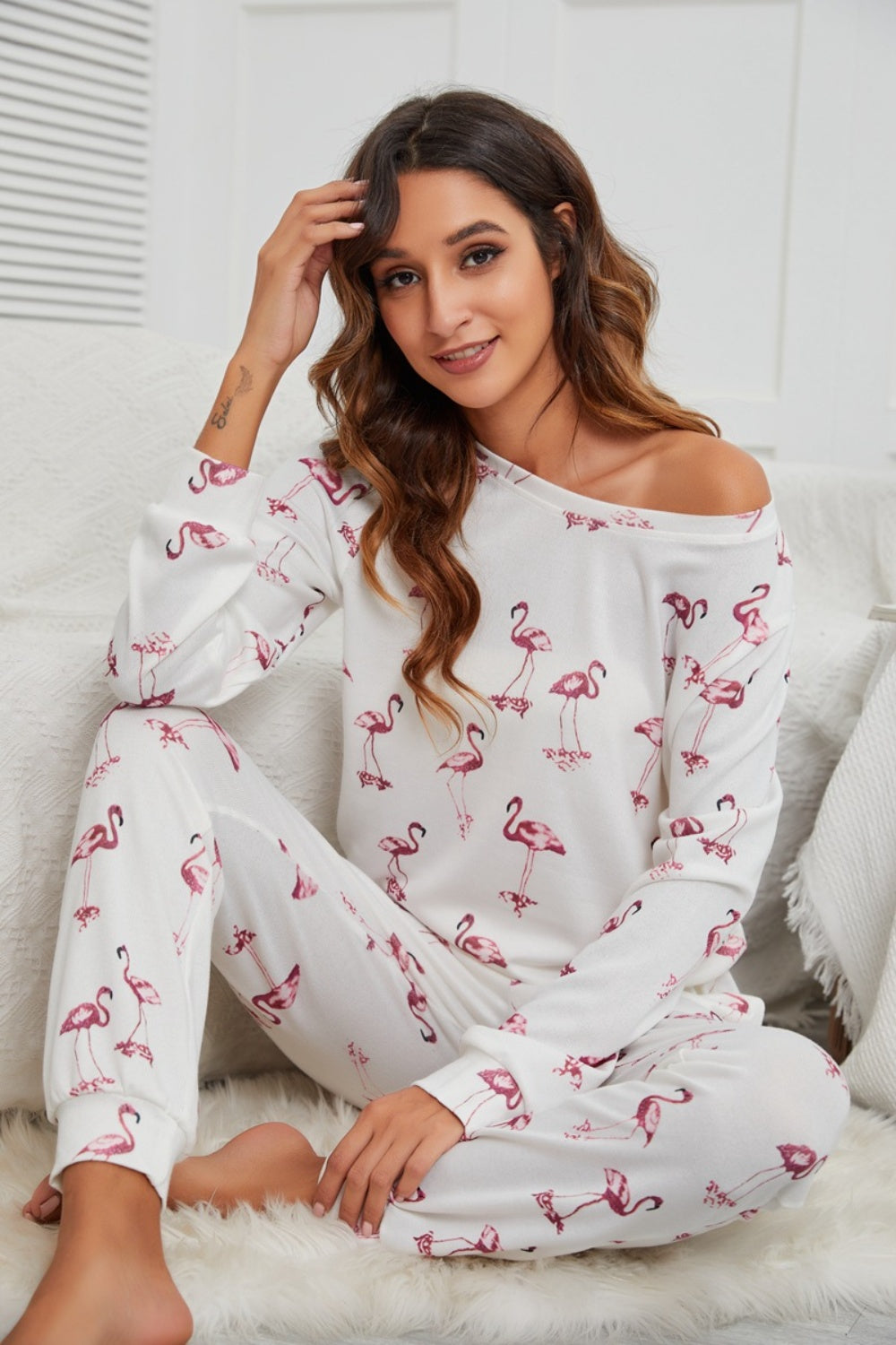 Flamingo Long Sleeve Top and Pants Lounge Set - 2 PCS. - T - 1 COLOR -