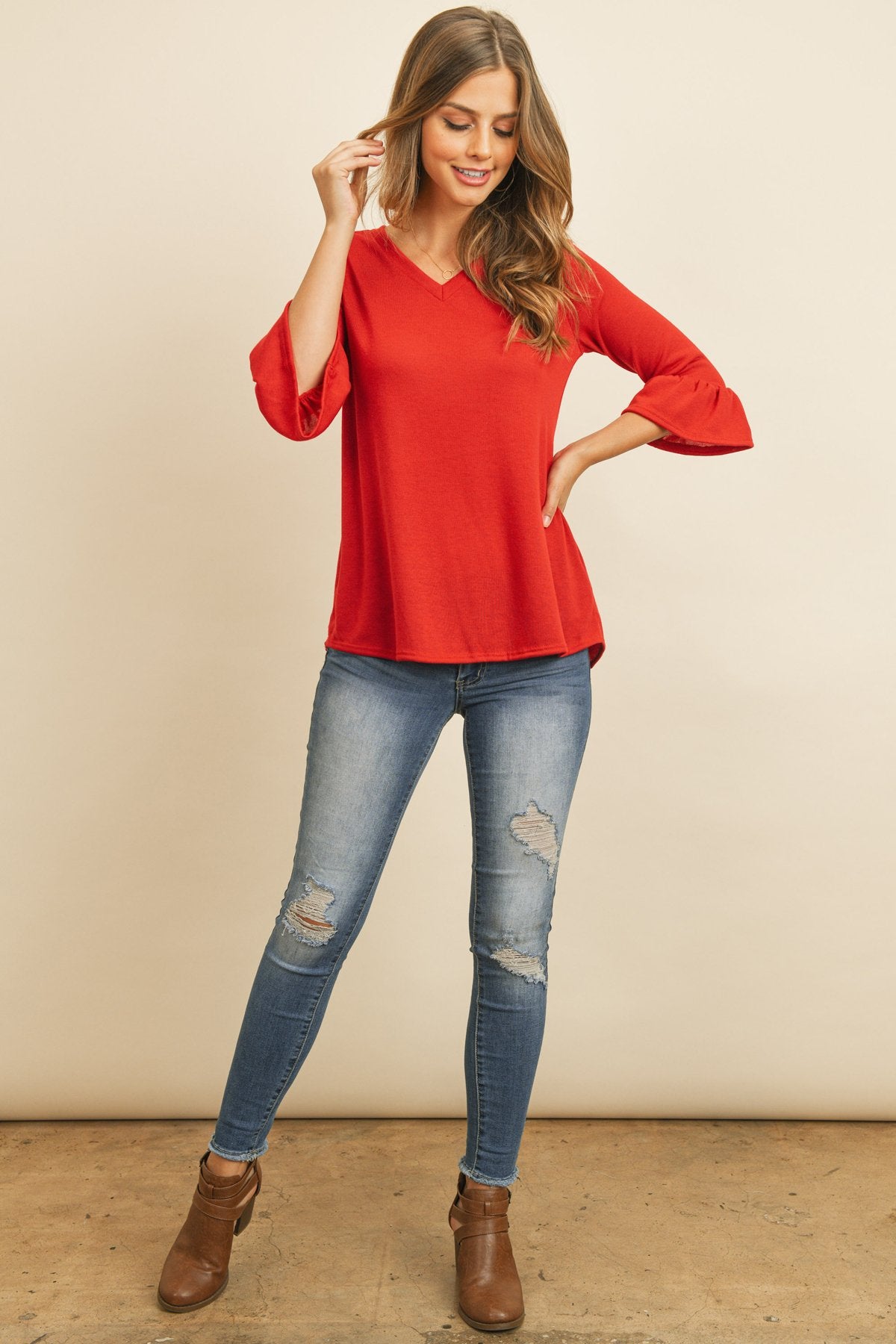 Riah Fashion - Solid Bell Sleeve V-Neck Top - 5 COLORS -