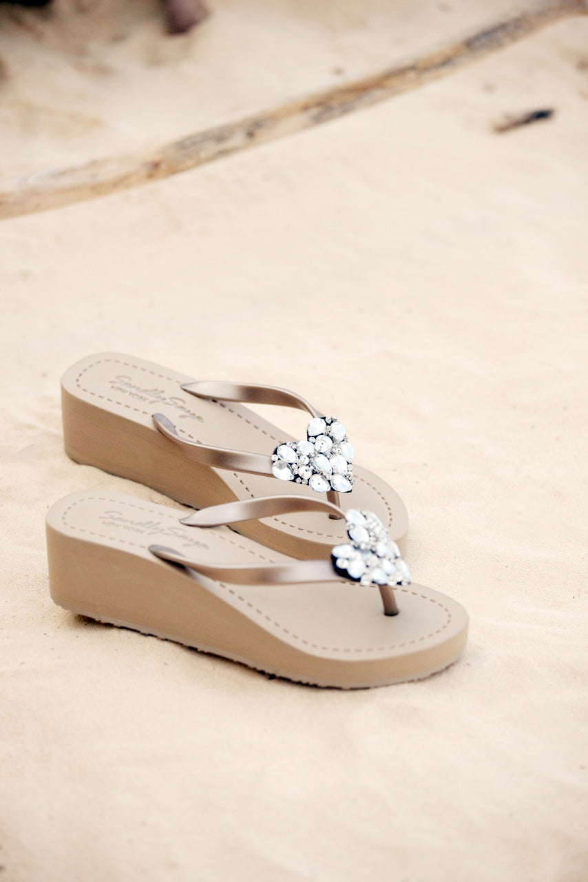 SAND BY SAYA N.Y. - Crystal Heart - Rhinestone Mid Wedge Flip Flops - 2 COLORS -