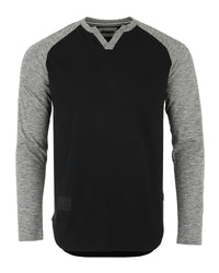 Thumbnail for Men's Long Sleeve Color Block Raglan v Neck Henley Curved Hem Slim Shirt - 1 COLOR