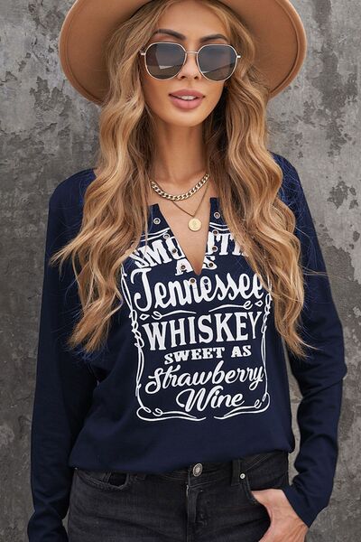 Letter Graphic Notched Long Sleeve T-Shirt - T - 1 COLOR -