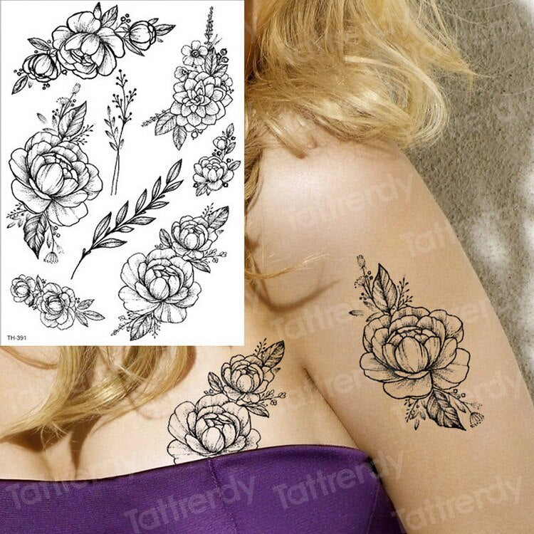 Temporary Tattoos - Black Flower Tattoo Sleeves -Water Transfer Tatoo - Peony Rose Tattoos - Body Art - Girls Arm Tattoos - [8 DAY DELIVERY] - 25 DESIGNS -