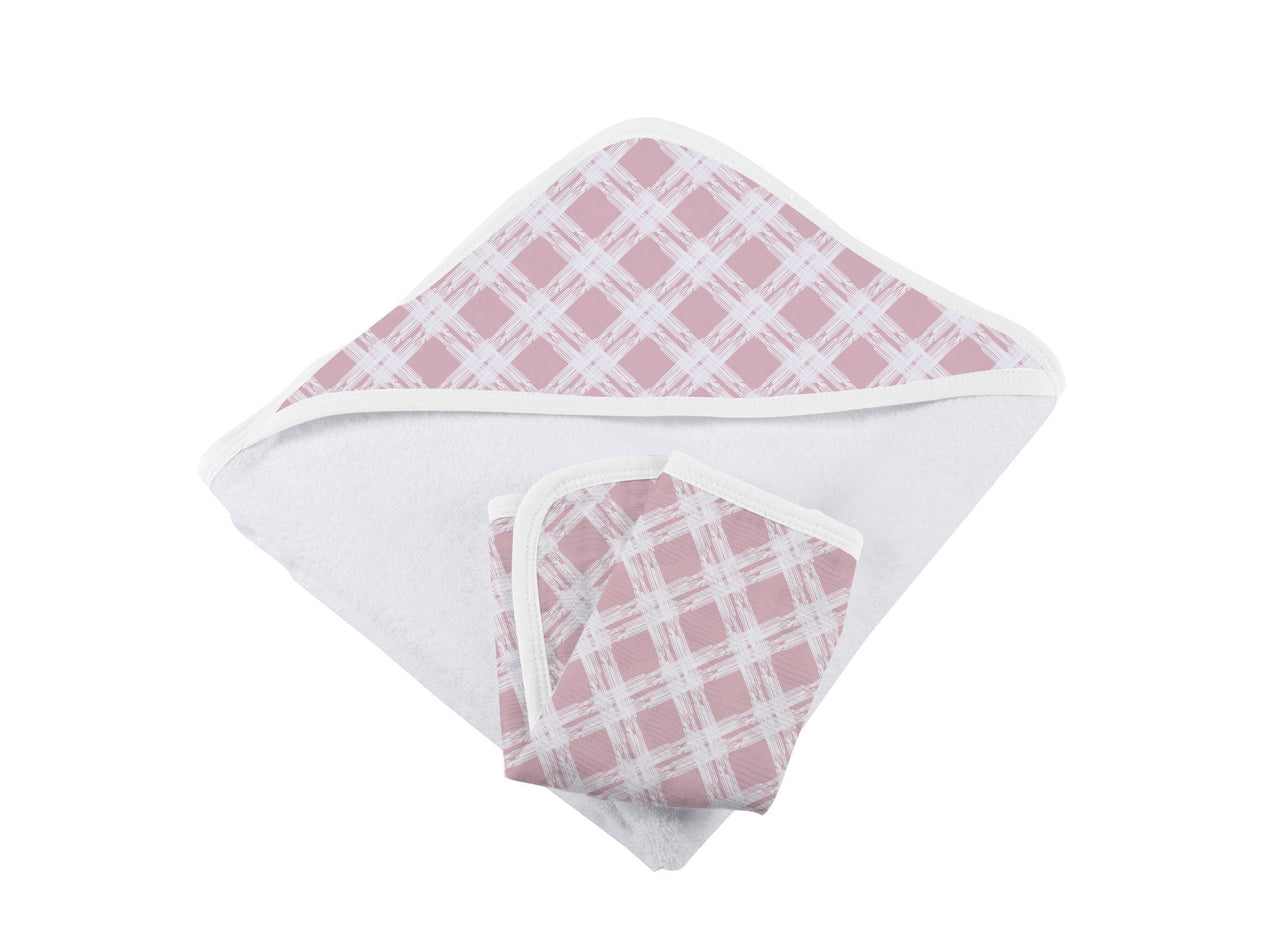 Pink Plaid Cotton Hooded Towel and Washcloth Set -