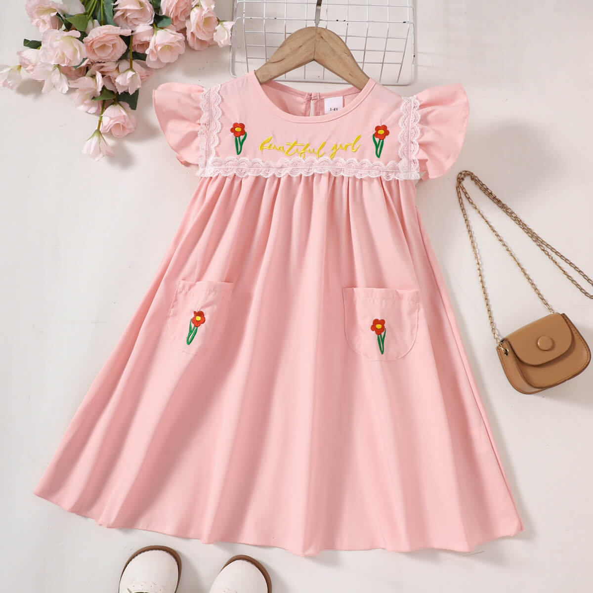 Girls Embroidered Lace Trim Round Neck Dress - T - 5 SIZES - 1 COLOR -