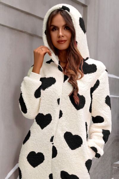 Fuzzy Heart Zip Up Hooded Lounge Jumpsuit - T - 3 COLORS -