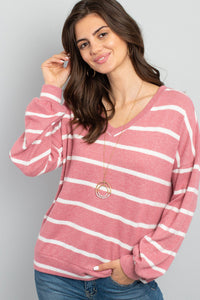 Thumbnail for Riah Fashion - Oversized Puff Sleeved V-Neck Striped Top - 4 COLORS -