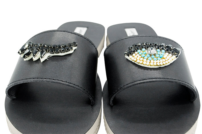 SAND BY SAYA N.Y. - Eyes- Waterproof Espadrille Flat Black and Blue Rhine Stone Beads Embellished - 3 COLORS -