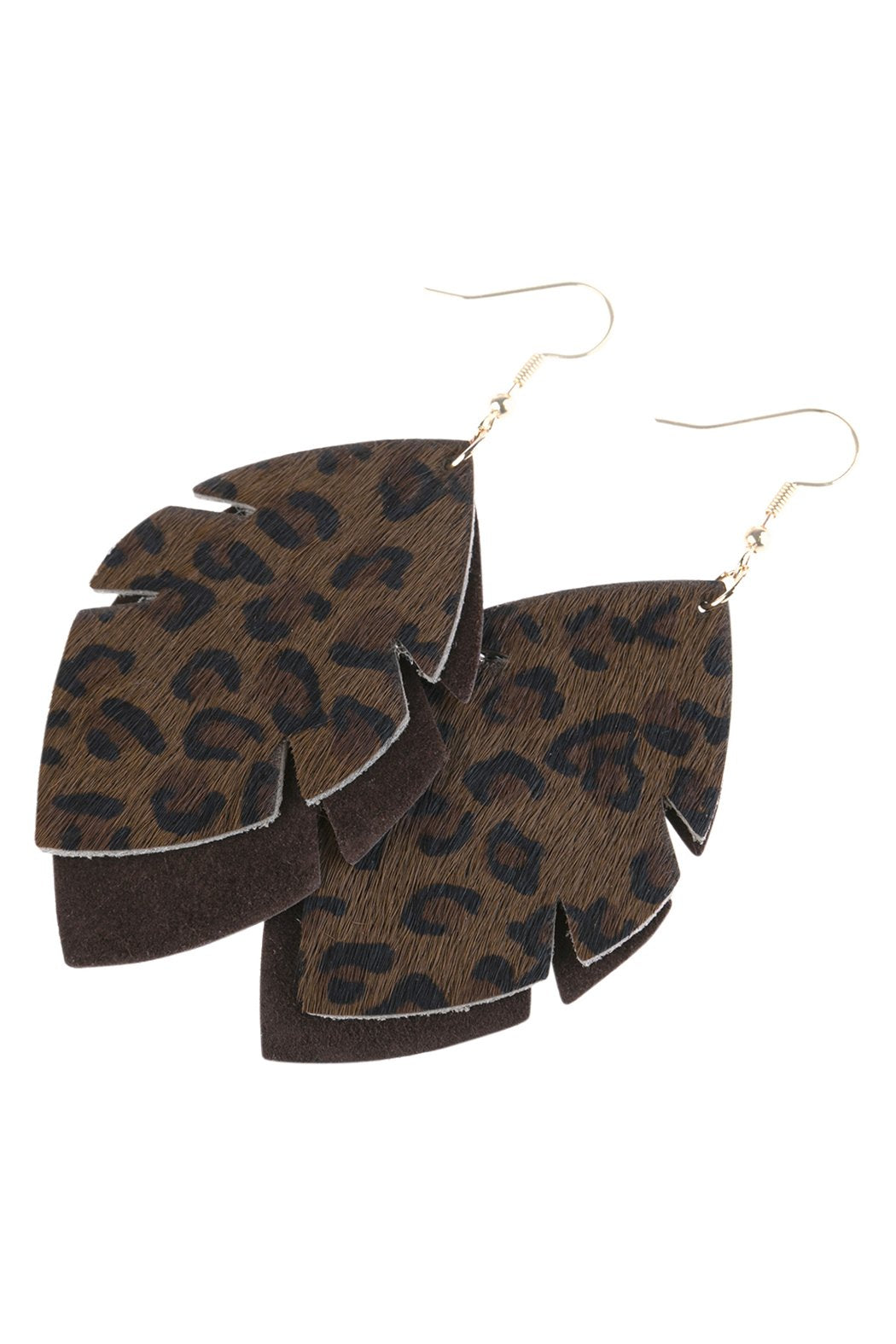 Riah Fashion - Leaf Shape Leopard Leather Drop Earrings -