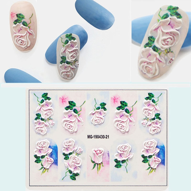 3D Acrylic Engraved / Relief - Flower Nail Stickers Embossed Flowers & Leaves - [27 DAY DELIVERY] -  Water Decals  - 19 STYLES! -